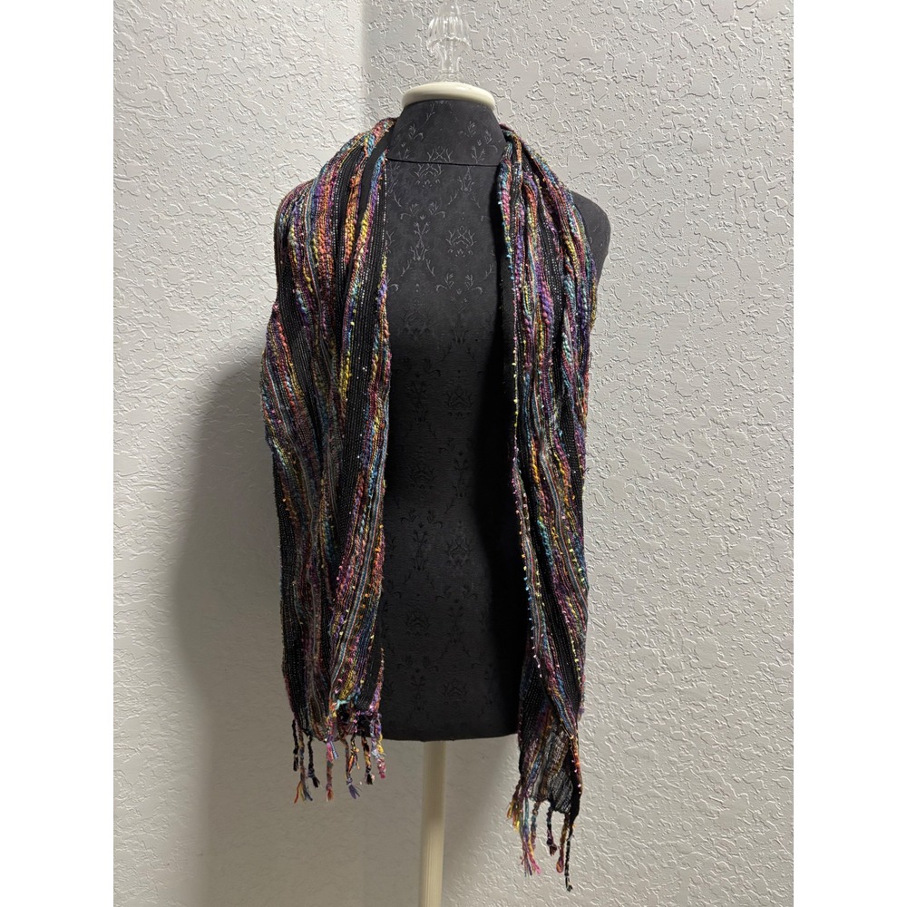 Boho Multi Color Textured Knit Fringe Scarf Vest Black Racerback OSFM RN 86183
